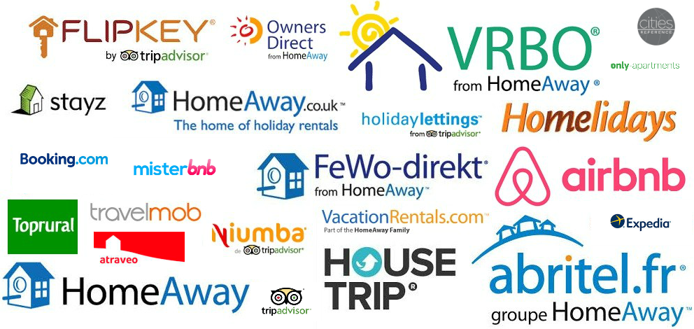 Lego of various holiday rental booking platforms such as Airbnb and VRBO